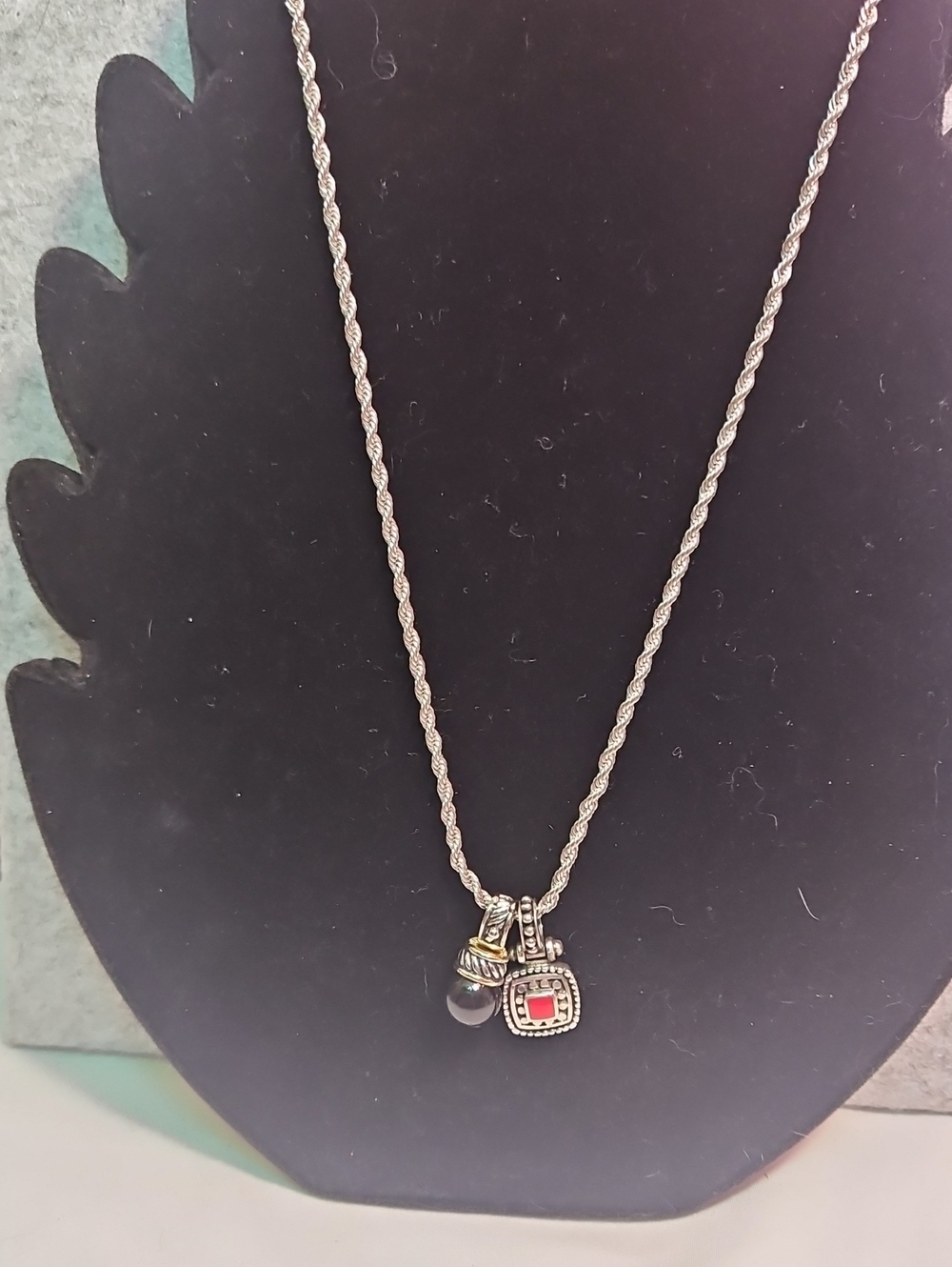 Sterling Silver Rope Chain Necklace with Red Square Charm